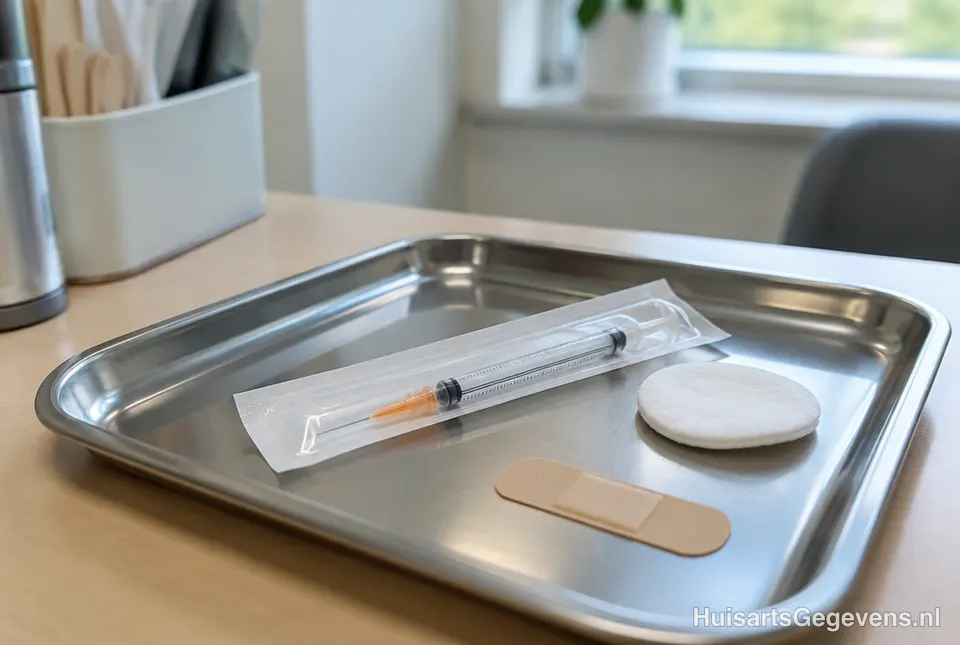 Vaccinatiespuit en pleister op een behandeltafel